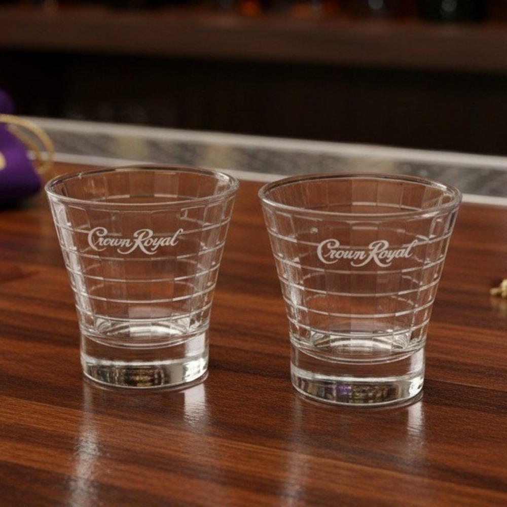Crown Royal Optic Block Lowball Glasses, Set of 2, Vintage Whiskey Tumblers